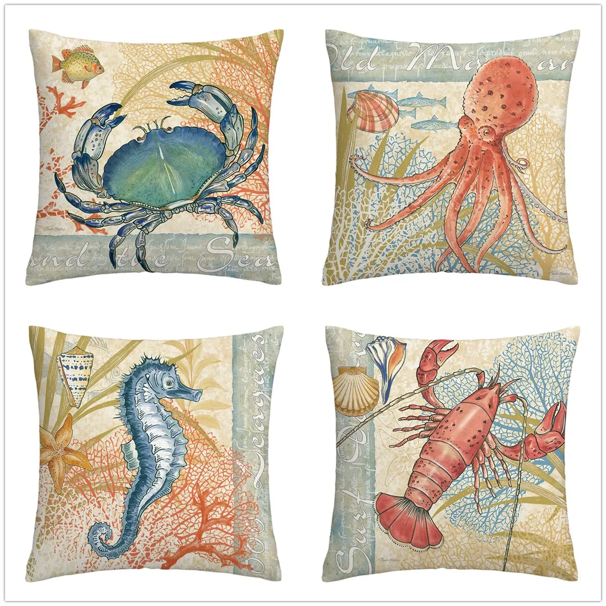 

Crab Squid Lobster Sea Creature Linen Pillow Cover Upholstery Living Room Sofa Upholstery Cushion Cover Home Decor Cushion Cover