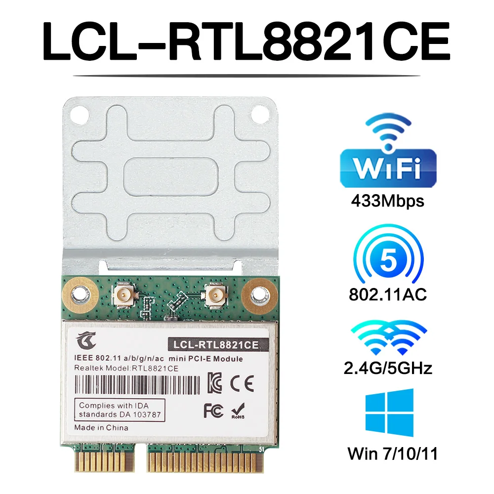 

433Mbps RTL8821CE Wifi Network Card BT 4.2 Mini pcie wifi Adapter Dual Band 2.4G/5GHz 802.11AC for Windows 10/11