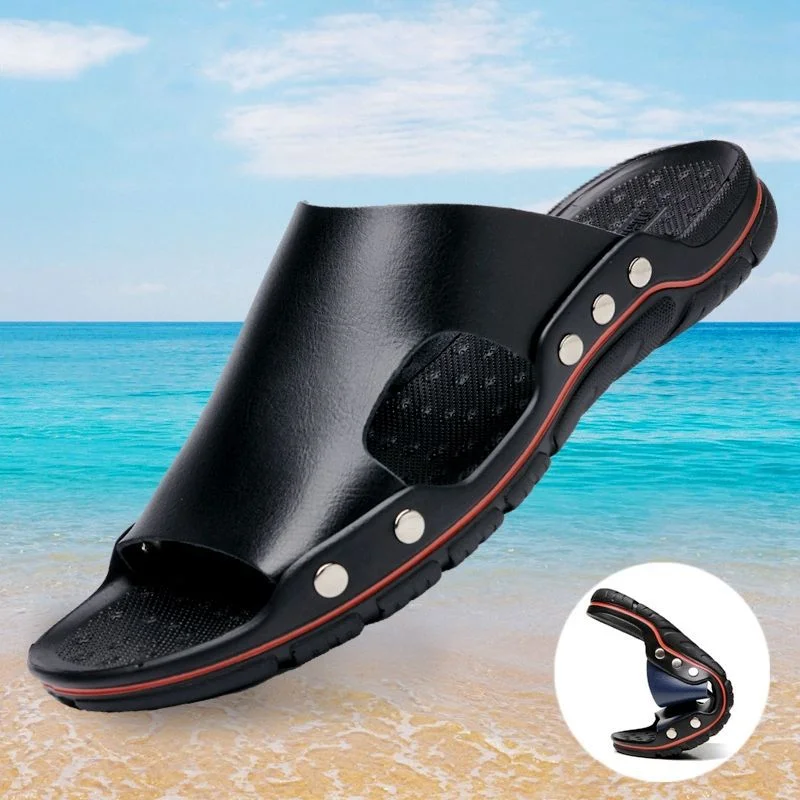 

Mannen Lederen Sandalen Zomer Kwaliteit Strand Slippers Casual Schoenen Platte Bodem Outdoor Strand Schoenen Grote Maat