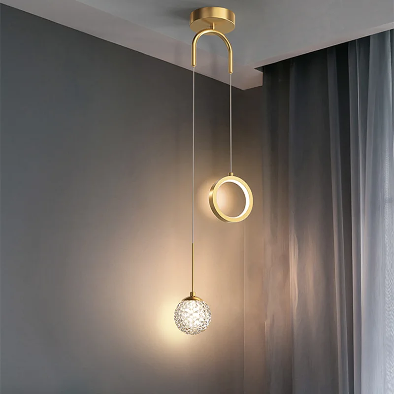 New Pendant Light LED Bedroom Bedside Golden Crystal Hanging Fixture Nordic Modern Study Long Line Suspension Indoor Decor Lamp