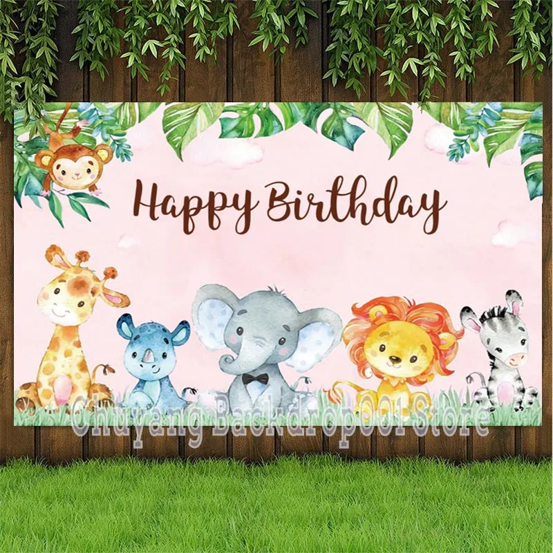 

Kids Happy Birthday Backdrop Jungle Safari Elephant Custom Boy Girls Party Decoration Photography Backgrounds Photocall Banner