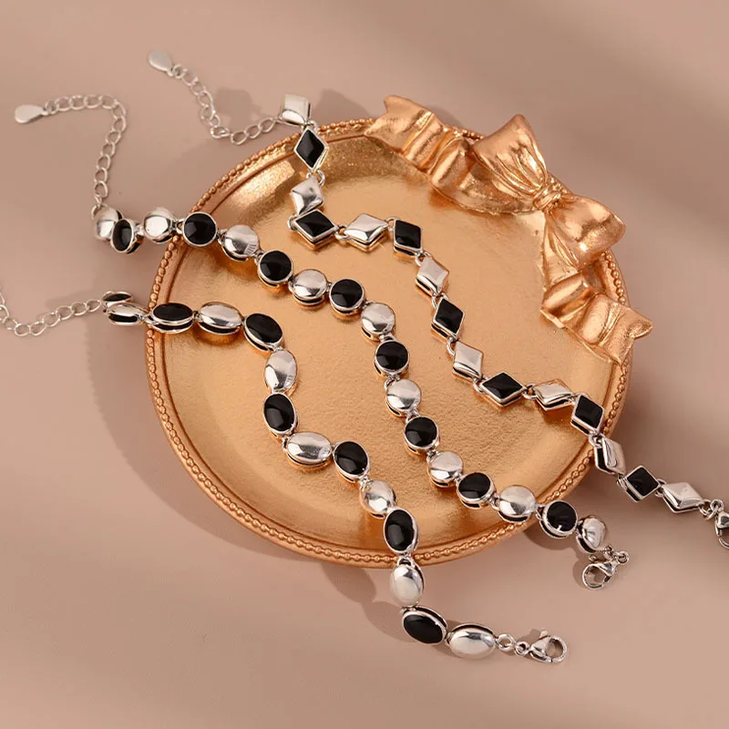 

925 Stamp Silver Geometry Bracelet For Women Square Round Chain Bangles Fine Luxury Charms Jewelry Accessories Christmas