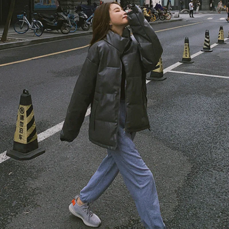 Women's Down Jacket 2022 Winter Red Winter Coat Ladies PU Leather Down Feminino Loose Casual Loose Blak Outwear Woman Jacket