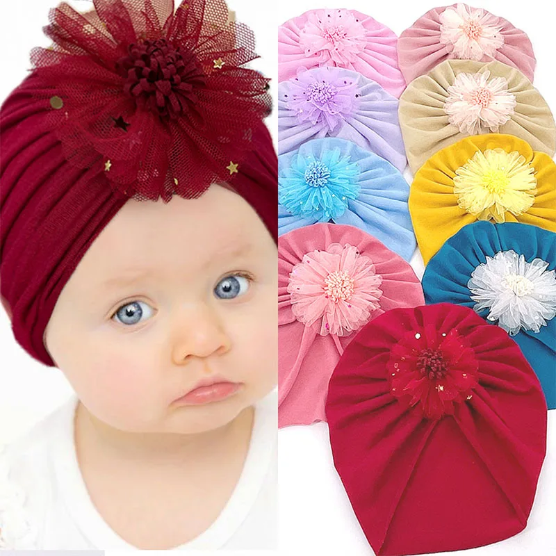 

Lovely Shiny Flower Baby Hat Cute Solid Color Baby Girls Boys Hat Turban Soft Beanie Newborn Infant Cap Beanies Head Wraps