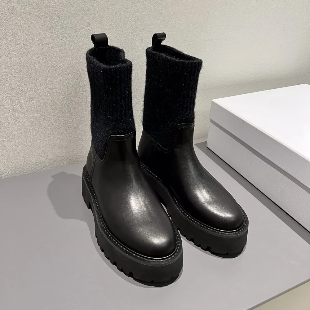 

Ботинки Martin в британском стиле, короткие ботинки на толстой подошве, Модные Повседневные вязаные ботинки стрейч, женские ботинки из натуральной кожи