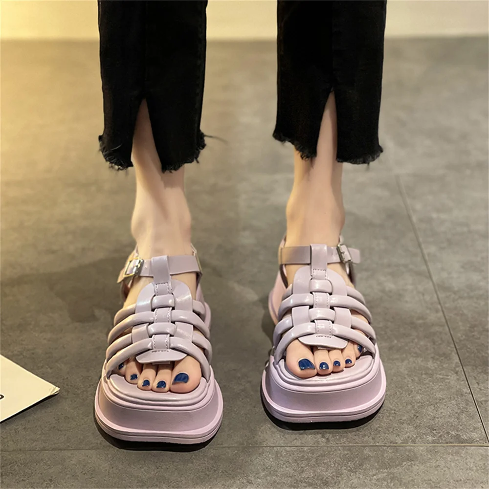 2022 Trend Women Candy Color Sandals Summer Platform Chunky Heels Open Toe Solid Weave Buckle Strap Ladies Punk Shoes Sandalias