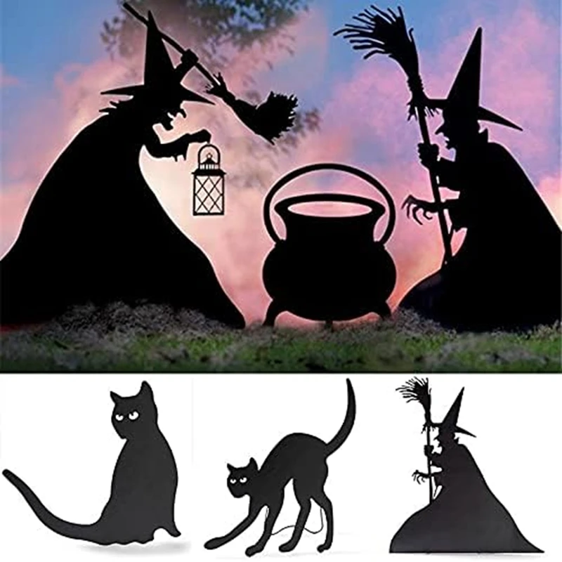 

Силуэт ведьмы на Хэллоуин, кованые железные ведьмы, черный колдрон, черная кошка, двор, знаки, страшная семья, дом, двор B, легко использовать
