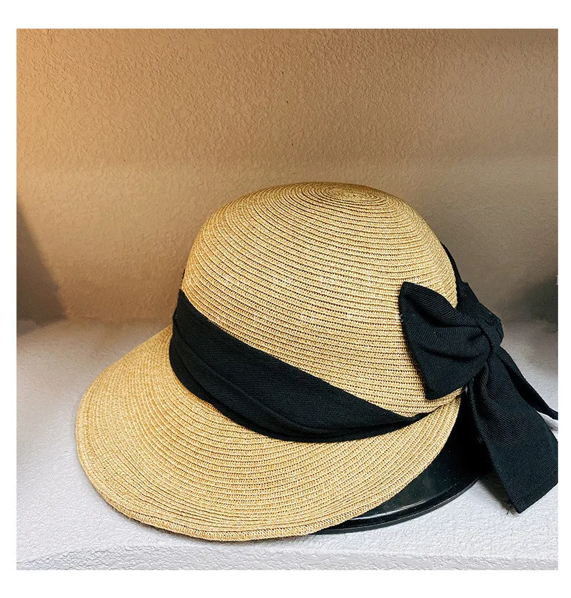 

202206-2509329 japan style dropshipping summer plant fiber paper grass fold bowknot ribbon shade lady sun cap women leisure hat