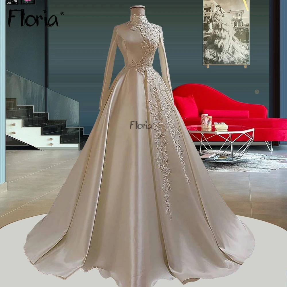 

Floria Muslim Beaded Long Celebrity Dresses Women Formal Dress for Weddings 2022 Vestidos De Noche A Line Champagne Prom Dress