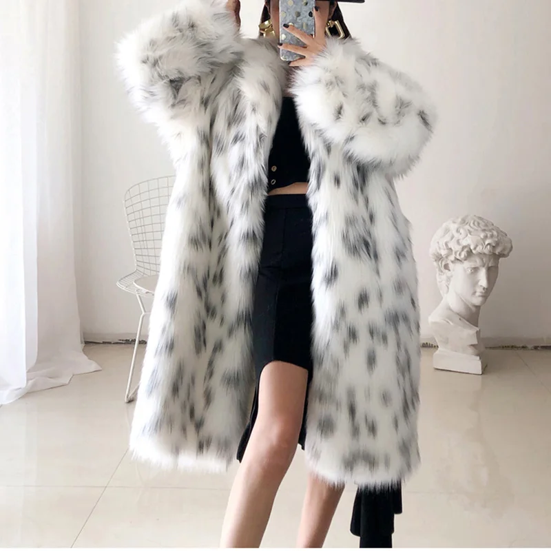 Women's Imitation Fox Fur Coat Korean Suit Collar Long Faux Fur Coat  Winter Thick Warm Spotted Casual Female  Fluffy Jacket