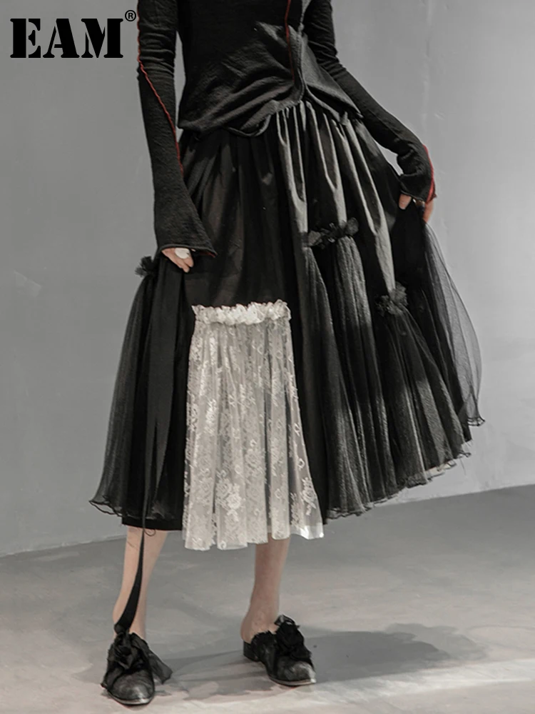 

[EAM] High Elastic Waist Black White Mesh Asymmetrical Half-body Skirt Women Fashion Tide New Spring Autumn 2022 1DD6027