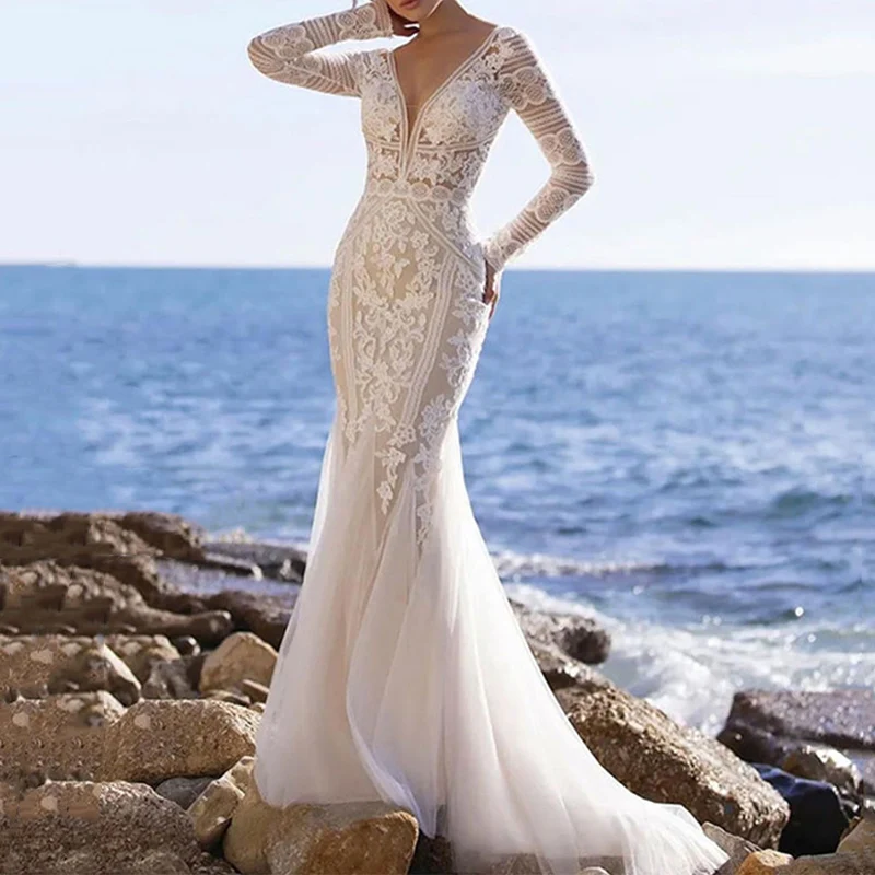 

Женское свадебное платье с юбкой-годе, романтическое платье с глубоким V-образным вырезом, открытой спиной, тюлевым шлейфом, пляжное платье ...