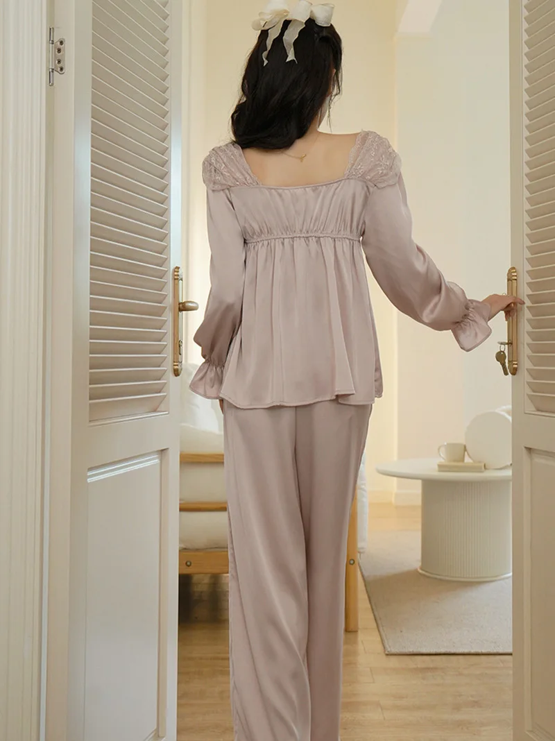 French Silk Pajamas for Women Lace Ruffles Fairy Shirt Lounge Two Piece Sweet Femme Nightgowns Victorian Princess Sleepwear