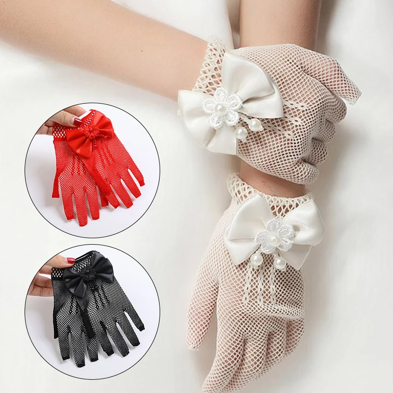

Elegant Lace Pearl Fishnet Gloves Lace Bow Full Fingers Mittens Summer Uv-Proof Driving Gloves Mesh Bride Wedding Gloves