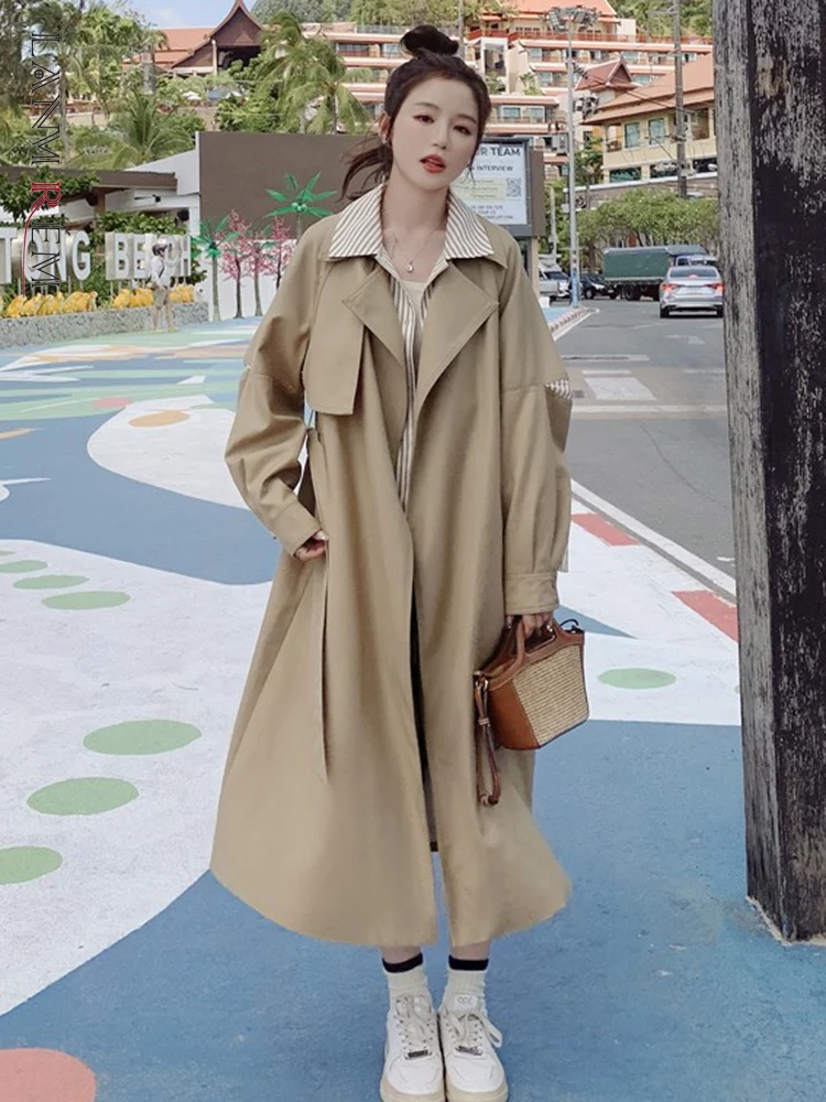 

LANMREM Korean Casual Trench Coat For Women Solid Patchwork Long Sleeves Straight Coats Female Clothing 2023 Autumn New 2YA3951