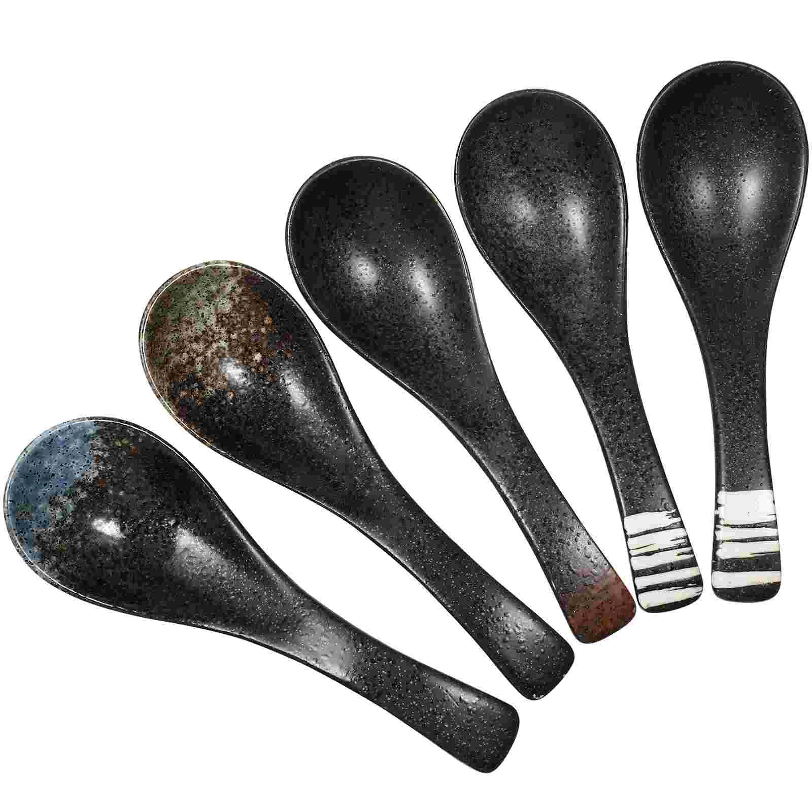 

5Pcs Ceramic Soup Spoons Ladle Japanese Chinese Ramen Spoon Rice Spoon Home Kitchen Restaurant Tableware- Assorted And utensils