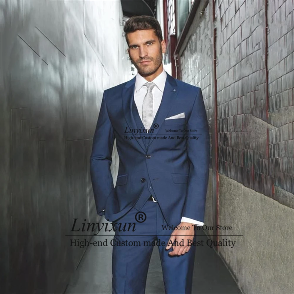 

Fashion Navy Blue Slim Fit Mens Suits Business Blazer Wedding Groom Tuxedo Banquet 3 Piece Set Jacket Vest Pants Costume Homme