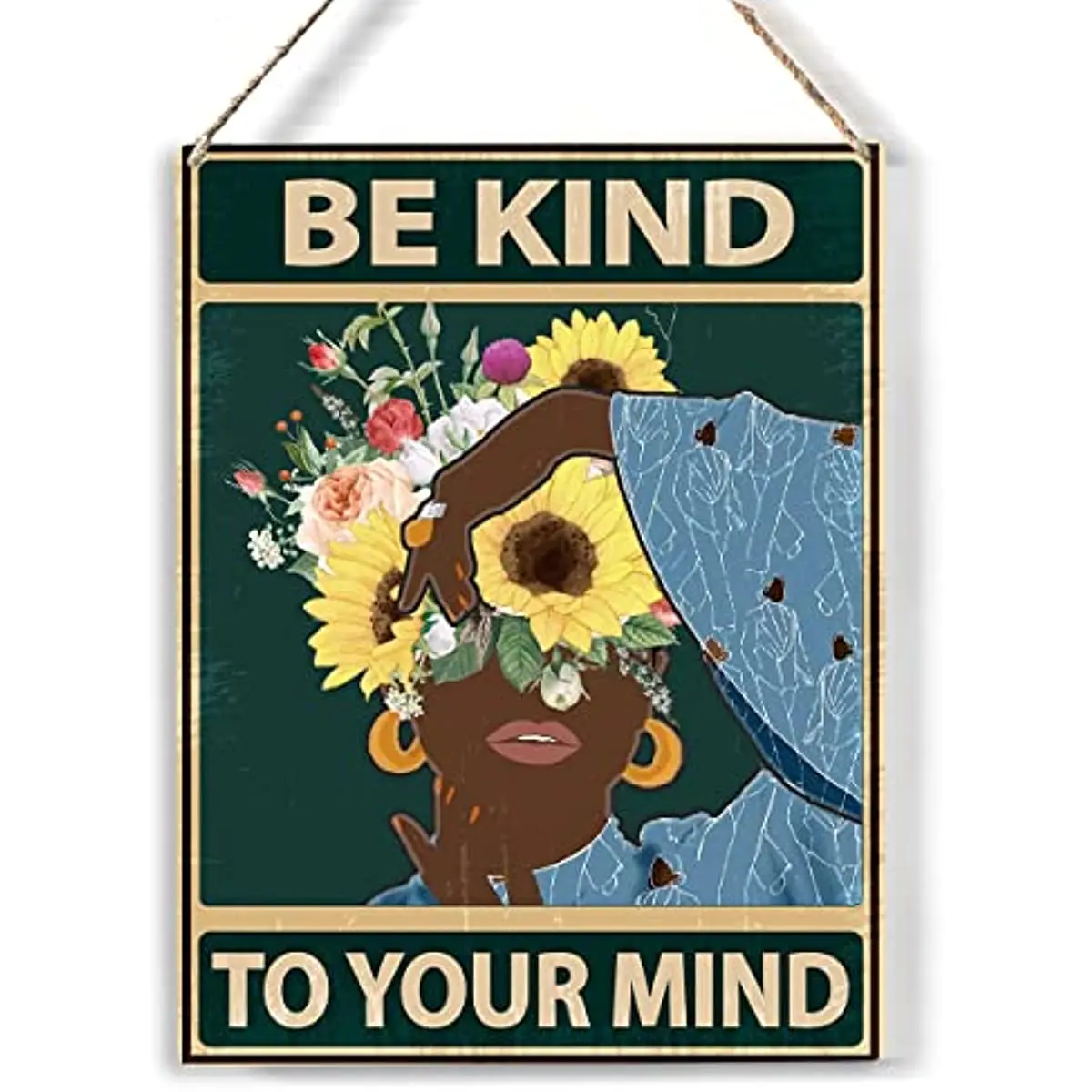 

Retro Be Kind to Your Mind Wood Sign Black Woman Wooden Signs Rustic Hanging Plaque Wall Art Decor for Home Office
