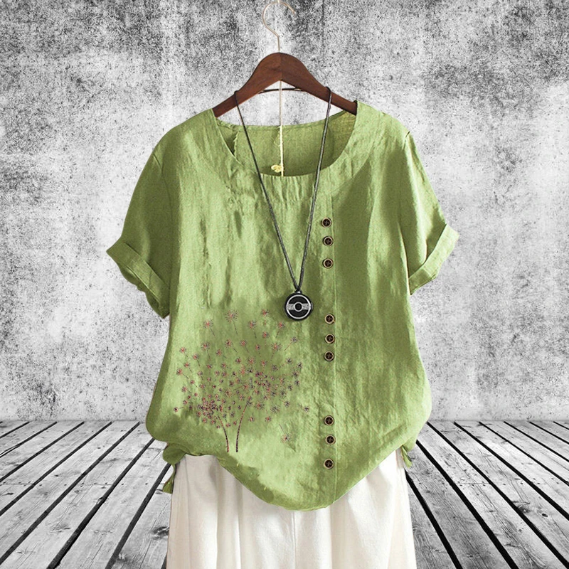 

Summer Ladies Cotton Linen Blouse Personality Printed Round Neck T Shirt Casual Loose Solid Short Sleeve Top XS-5XL