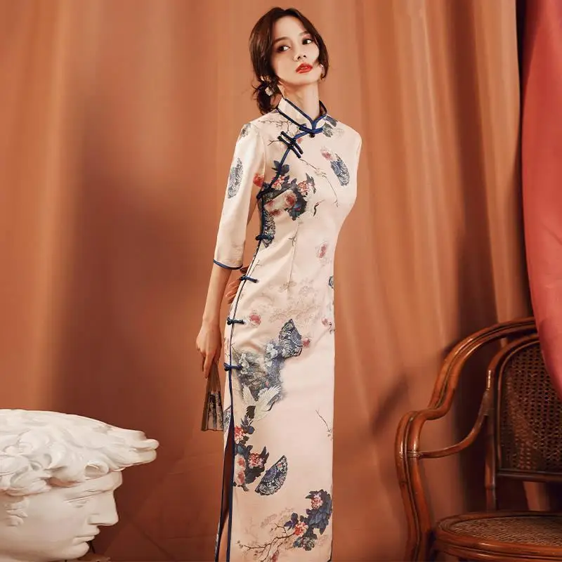 

2021 Cheongsam Chinese Dress Vintage Floral Print Qipao Women Traditional Qipao Long Robe Short Sleeve Party Dresses