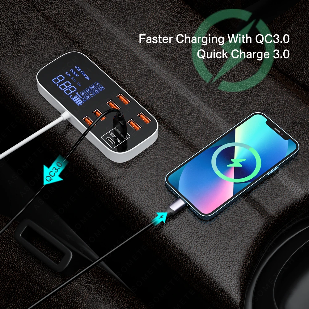 8-портовый Автомобильный Адаптер Для Зарядного Устройства USB Quick Charge 3.0 Мощностью
