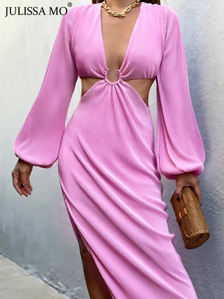 

Julissa Mo Hollow Out V Neck High Split Midi Dress Women Long Sleeve Female Clothing Solid Deep Ruched Elegant Dresses Vestidos