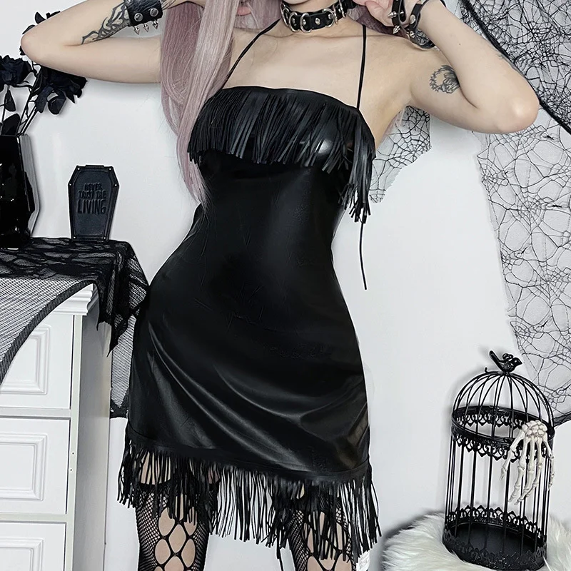 

Женское платье в стиле ретро Goth, однотонное платье с кисточками в стиле пэчворк, с лямкой на шее, пуловер в готическом стиле, сексуальное летнее платье на подтяжках