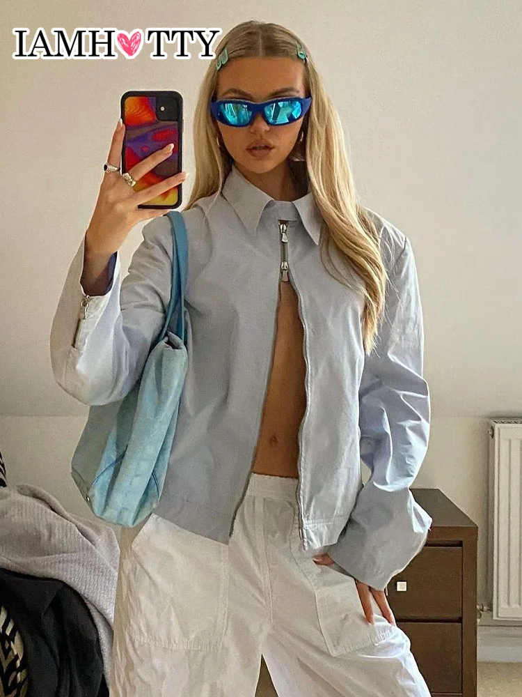 

Женская рубашка IAMHOTTY на молнии с отложным воротником, Повседневная Блузка в Корейском стиле с длинным рукавом, осенняя винтажная уличная од...