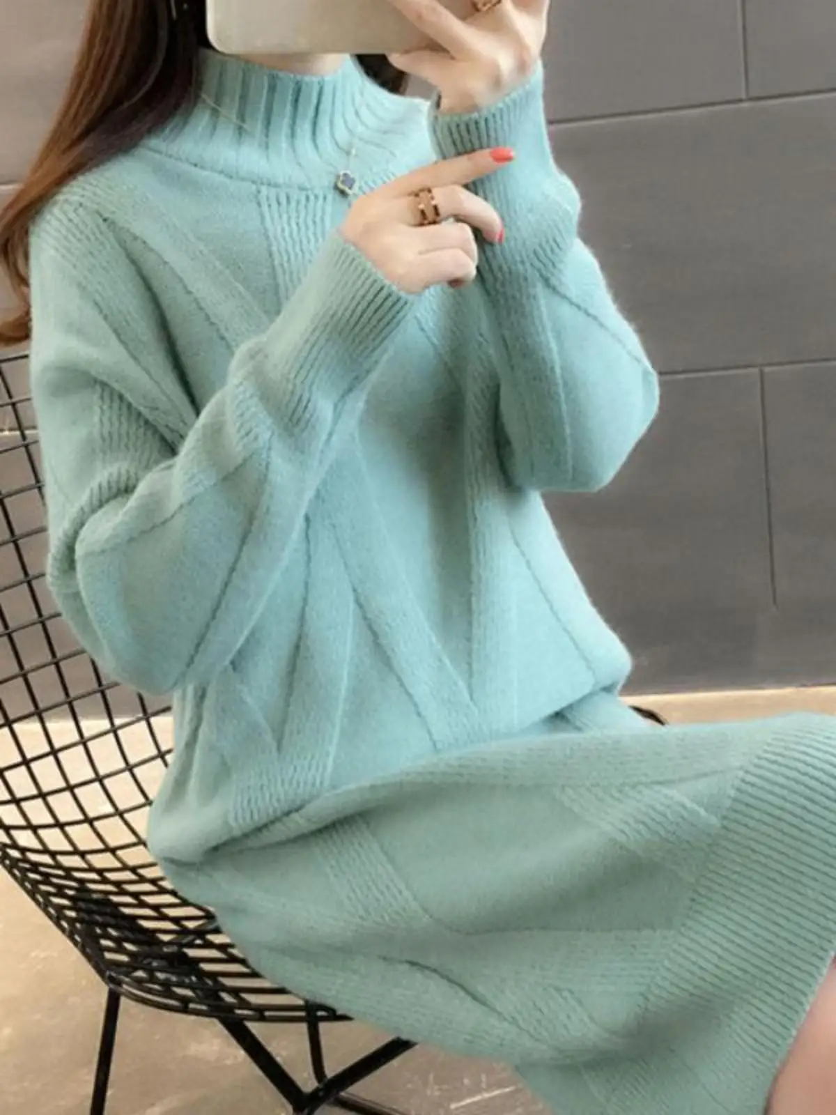 Half-high Collar Sweater Women Loose Korean Sle 2024 Autumn and Winter New Mid-Length Thickened Knit Bottoming Dress