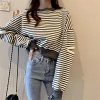 korean fashion sweatshirt woman striped long sleeve hollow out short top pullovers o neck loose casual women clothing