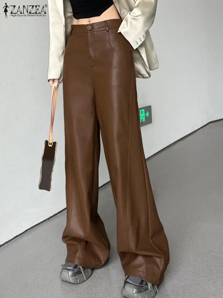 

Elegant Wide Leg Mid Waisted Trousers ZANZEA Women PU Leather Pants Sexy Pockets Long Pantalons 2023 Autumn Solid Flared Pants