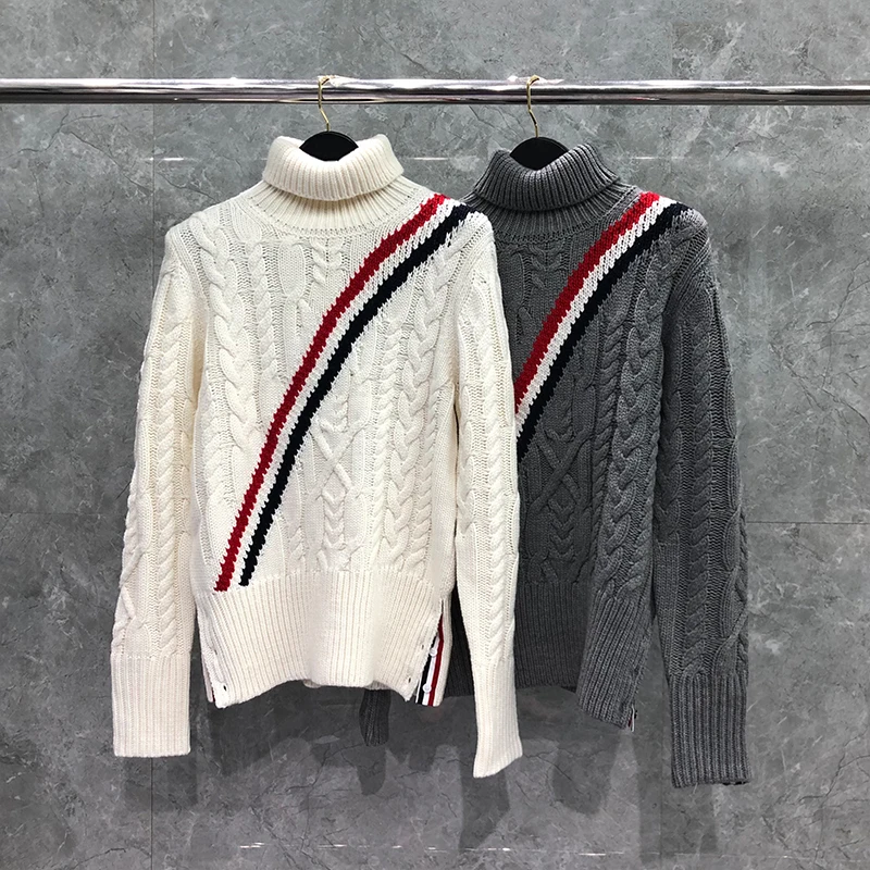 TB THOM Men's Sweaters Merino Wool Diagonal RWB Stripe Turtleneck Sweater Fashin Brand Autunm Winter Casual Harajuku Sweaters