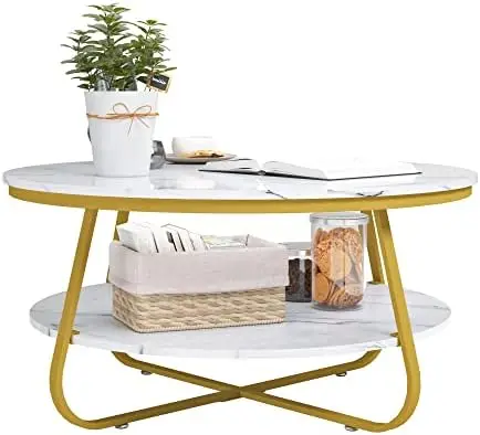 

Round Coffee Table with Storage, 35.4 Inch Faux Marble Coffee Table with Strong Metal Gold Frame for Living Room, Dining Room