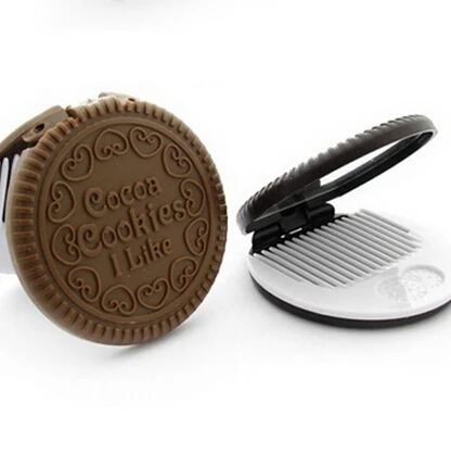 

L204 New arrivals Women Makeup Tool Pocket Mirror Makeup Mirror Mini Dark Brown Cute Chocolate Cookie Shaped With Comb Lady