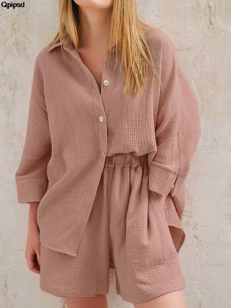 

Рубашка с длинным рукавом и свободные Мини-шорты с высокой талией, летняя одежда для отдыха, женские пижамные костюмы, повседневная верхняя ...