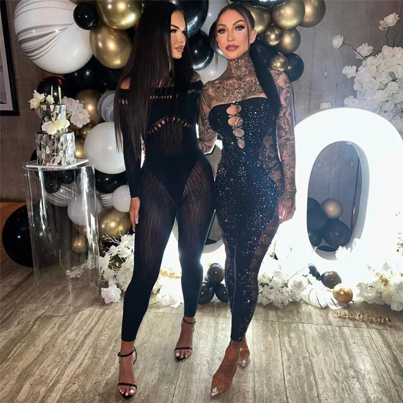 

Slash Neck Sexy Party Black Jumpsuit Women Stretch Patchwork Long Sleeve Elegant Skinny Tight Midnight Clubwear Overalls Workout