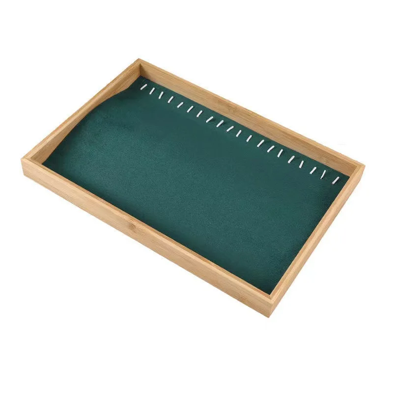 Wholesale Natural Bamboo Necklace Display Tray Colorful Velvet Necklace Tray Organizer for Jewelry Store Pendant Storage Stand