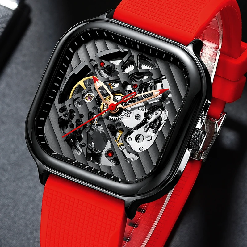 AILANG Fashion Square Red Silicone Strap Steampunk Waterproof Men's Mechanical Watch Brand Hollow Automatic Men's Watches 8635