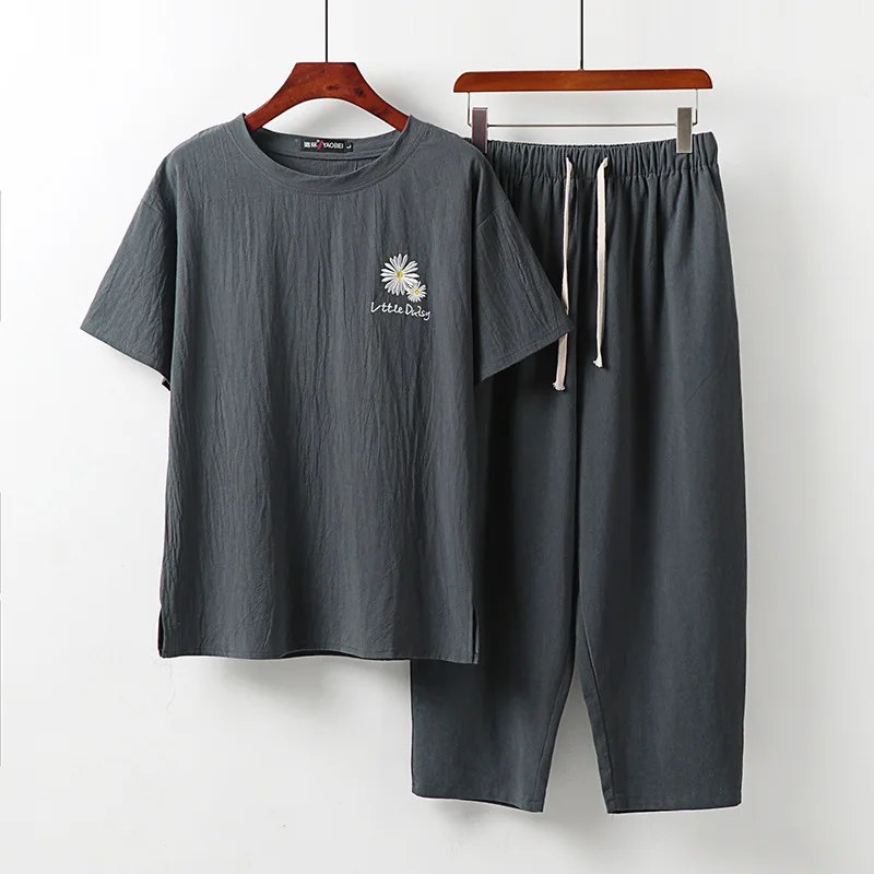 Summer plus-Sized plus Size Men's Loose Short SleeveTT-shirt Cropped Pants Set2Two-Piece Set Cotton Linen Linen Trendy Fat