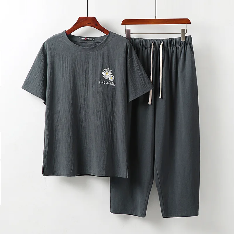 

Summer plus-Sized plus Size Men's Loose Short SleeveTT-shirt Cropped Pants Set2Two-Piece Set Cotton Linen Linen Trendy Fat