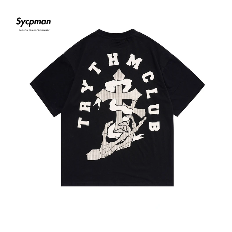 

Sycpman American Skull Cross Printed Short Sleeve T Shirt Men Oversize Versatile Tees for Summer