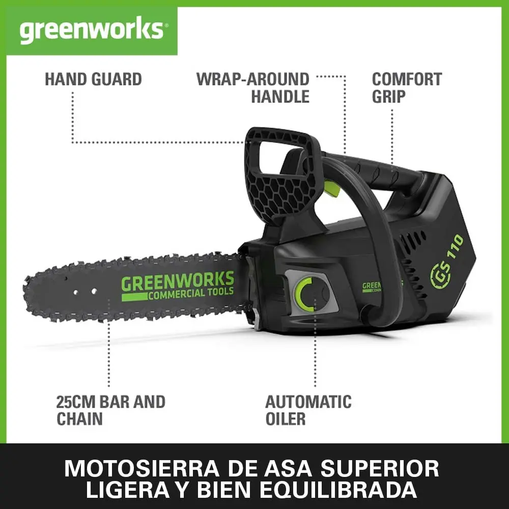 Фото Аккумуляторная бензопила Greenworks GD40TCS, верхняя ручка, бесщеточный двигатель, автомасляция, резервная защита БЕЗ аккумулятора и зарядного устройства 40 В №2