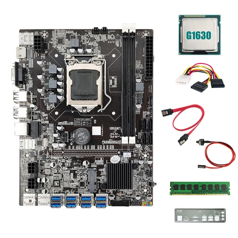 

B75 8USB ETH Mining Motherboard+G1630 CPU+DDR3 4GB 1600Mhz RAM+4PIN To SATA Cable+Switch Cable+SATA Cable+Baffle