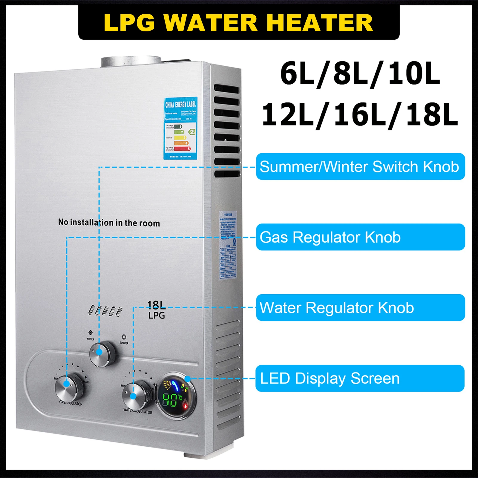 

VEVOR LPG 6L/8L/10L/12L/16L/18L Propane Gas Tankless Hot Water Heater On-Demand Boiler Shower Kit