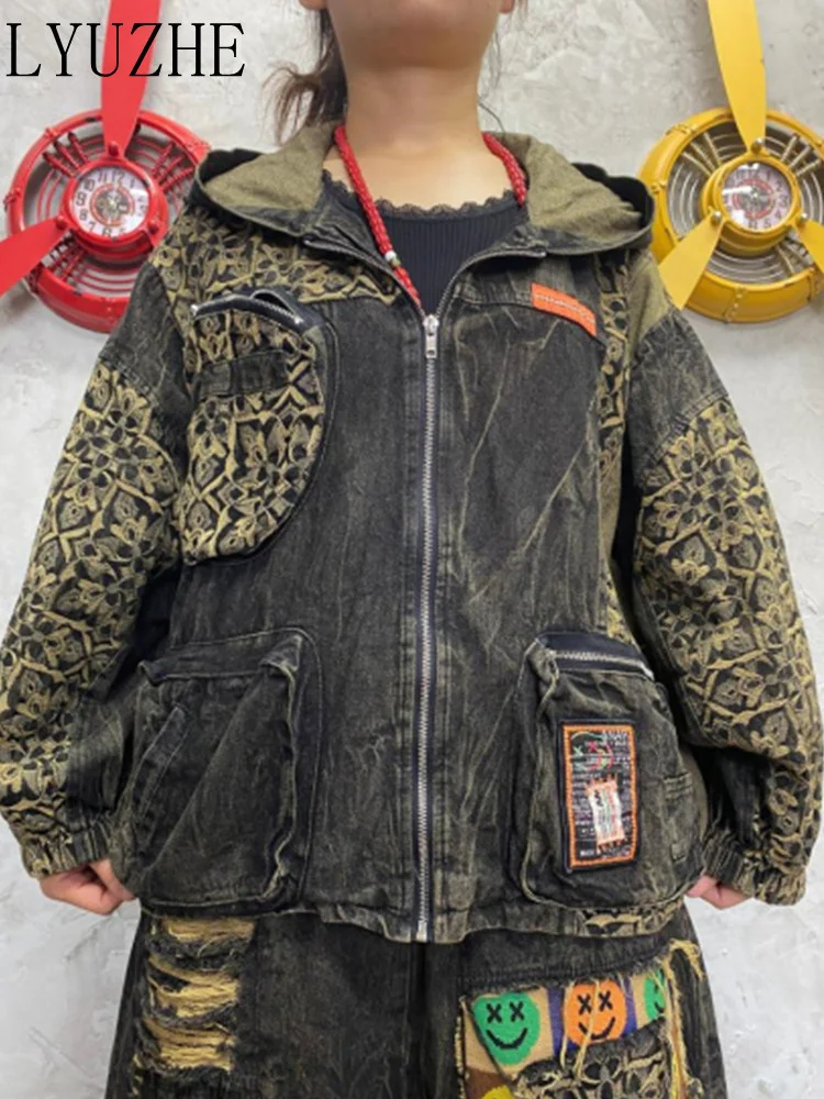 

LYUZHE 2023 Spring Autumn Color Contrast Hooded Short Coat Loose Large Women Used Personality Denim Worn Out Trend Coat LWL613