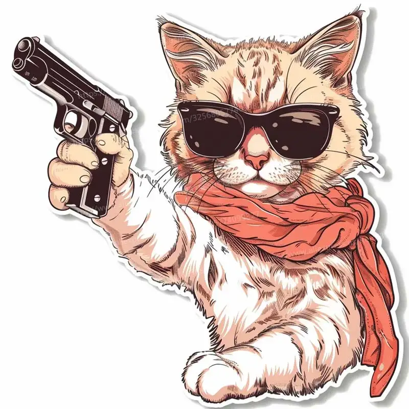 

Забавный кот с пистолетом, автомобильная наклейка, виниловая наклейка, водостойкая наклейка на заднее окно, мотоцикл, кемпер, бампер, украшение для ноутбука, SH614