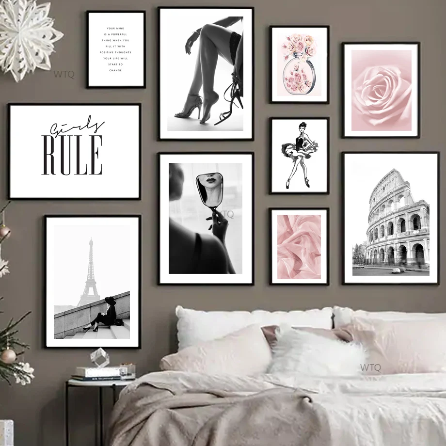 

Vintage Nordic Poster Chic Paris Fashion Woman Flower Colosseum Wall Art Prints Canvas Painting Decor Pictures For Living Room