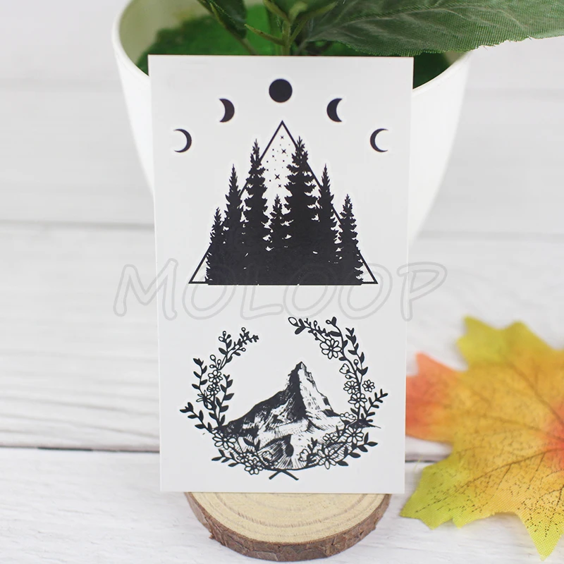 Тату-наклейка с изображением леса гор планеты солнца луны звезд