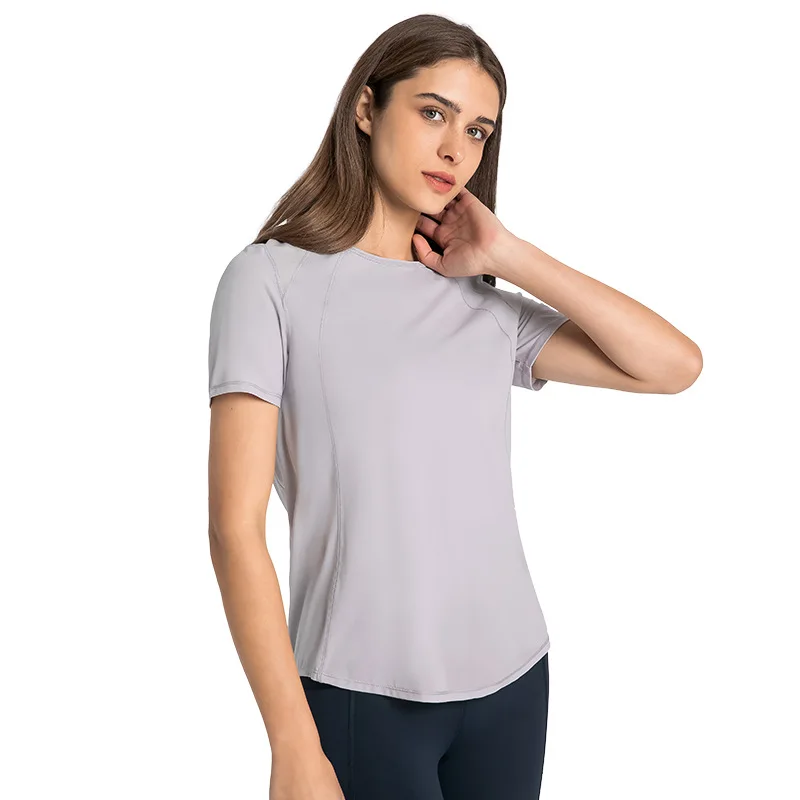 

Lulu Spring And Summer New Back Opening Stitching Mesh Sports Short Sleeve Women's Quick drying breathable light ice sense Fitne