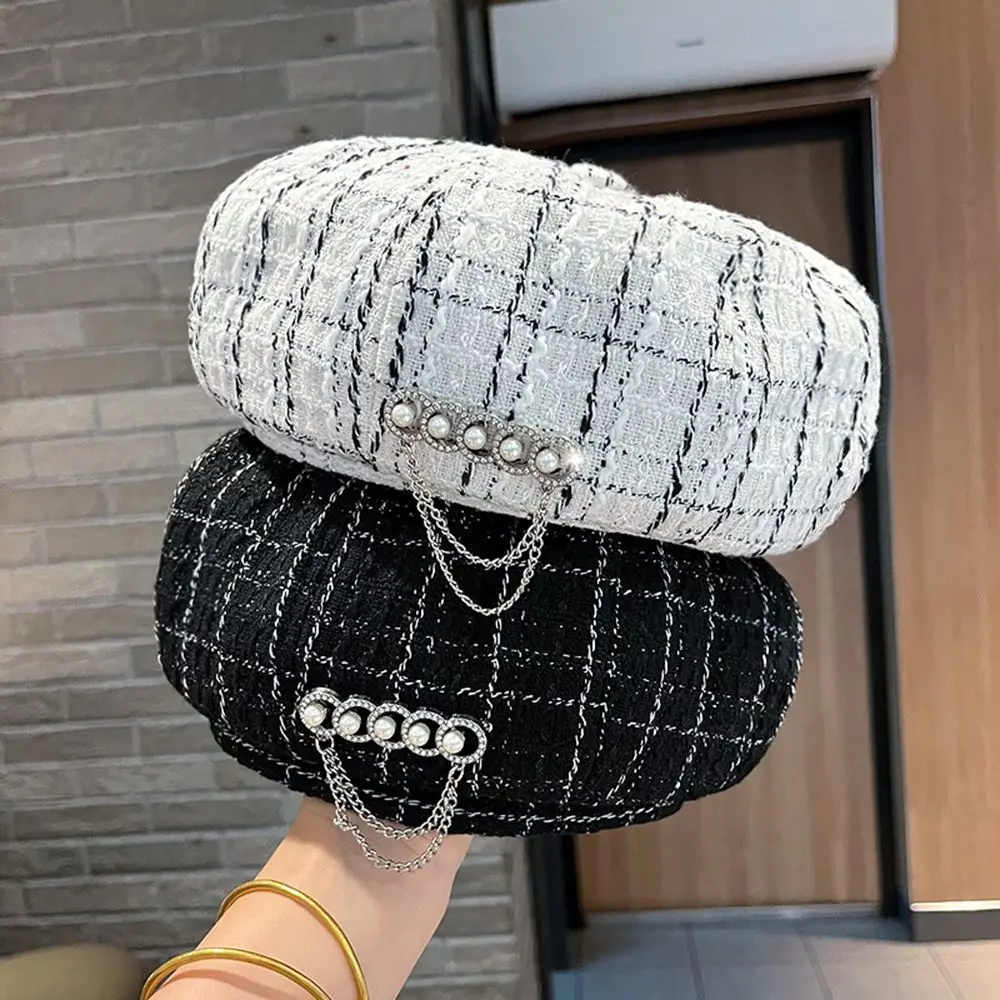 

Casual Warm Pearl Chain Artist Hat Plaid Diamond Girls Lattice Beret Octagonal Cap Women Caps Painter Hat
